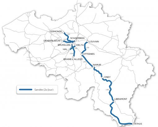 Carte de Belgique avec les parcours des trains Sandite.